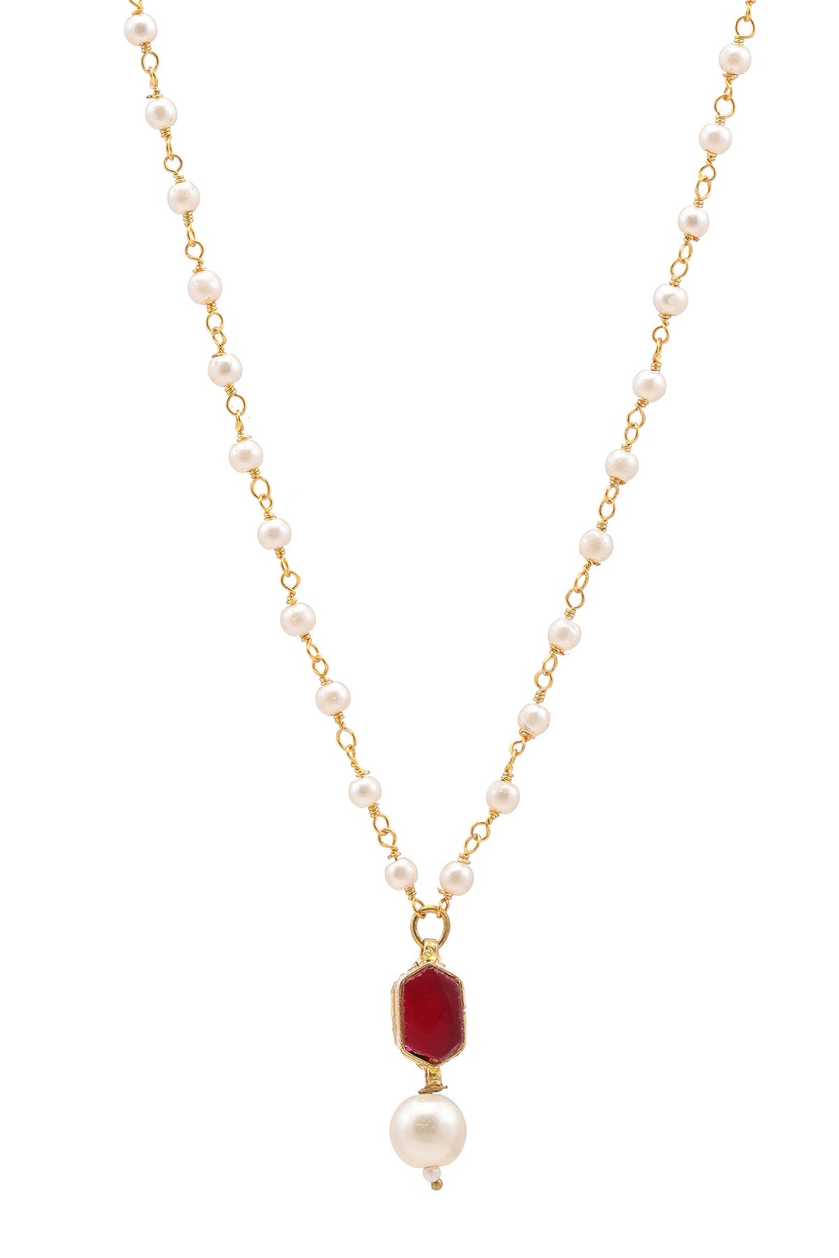 Gold Finish Maroon Kundan Polki & Pearls Necklace For Girls