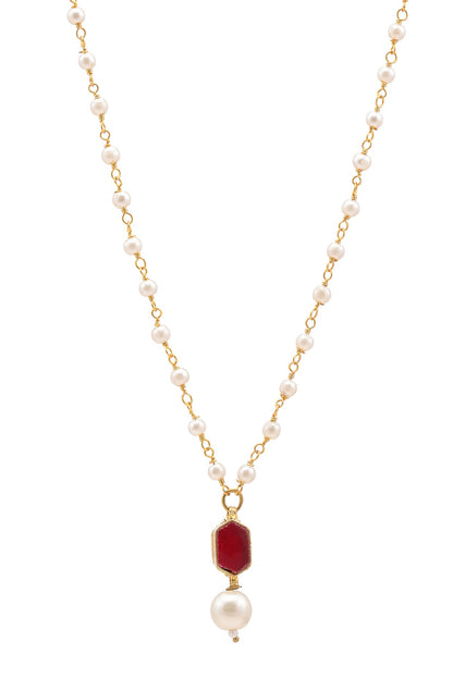 Gold Finish Maroon Kundan Polki & Pearls Necklace For Girls