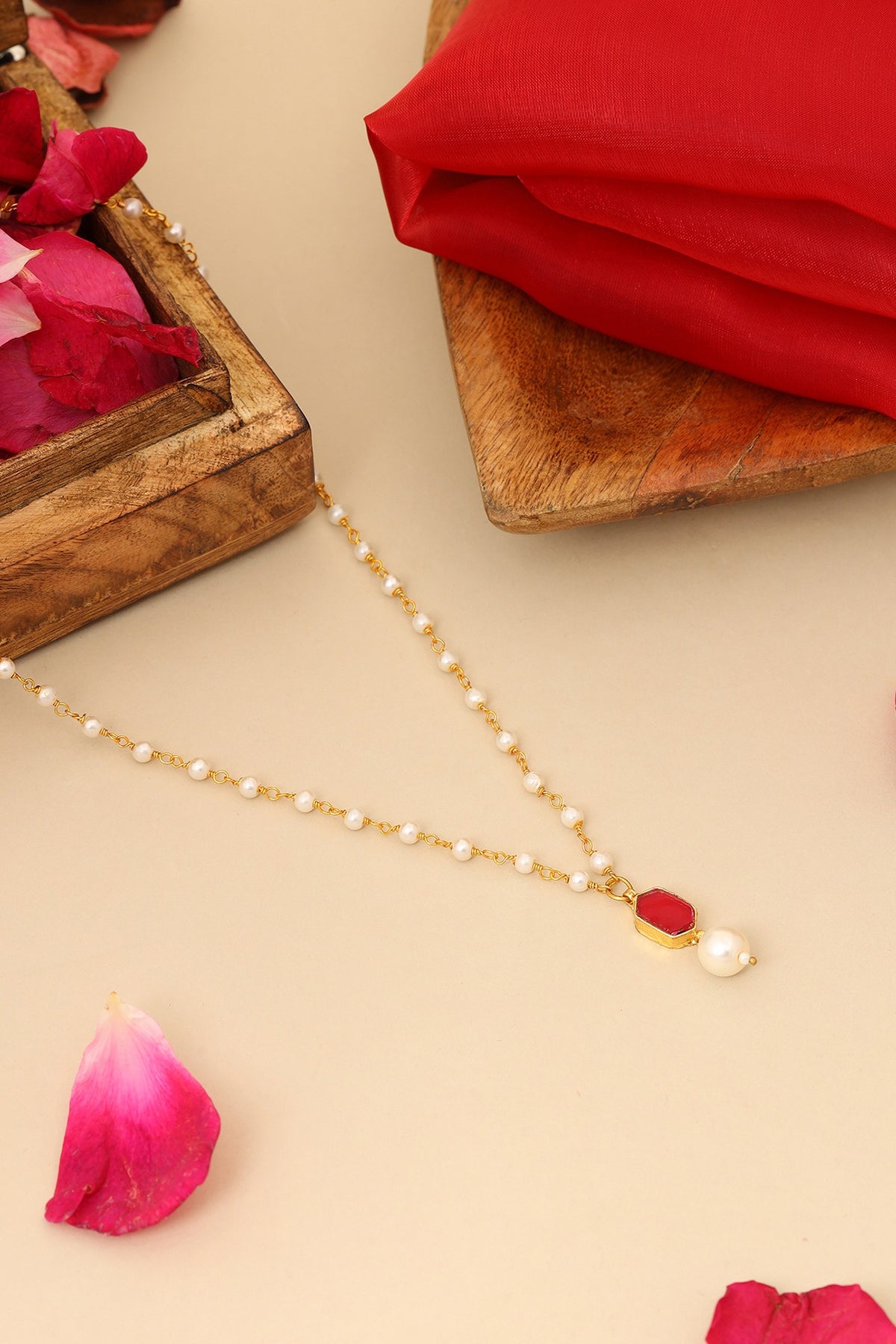 Gold Finish Maroon Kundan Polki & Pearls Necklace For Girls