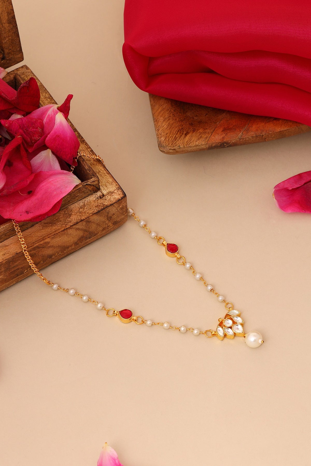 Gold Finish Maroon Kundan Polki Necklace For Girls