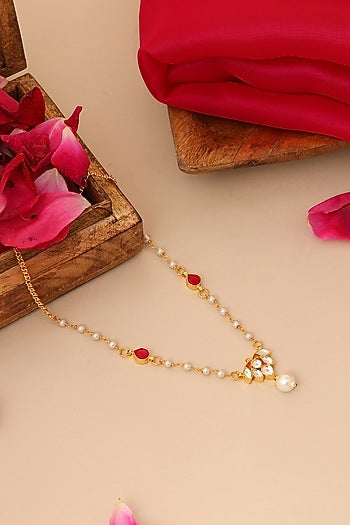 Gold Finish Maroon Kundan Polki Necklace For Girls