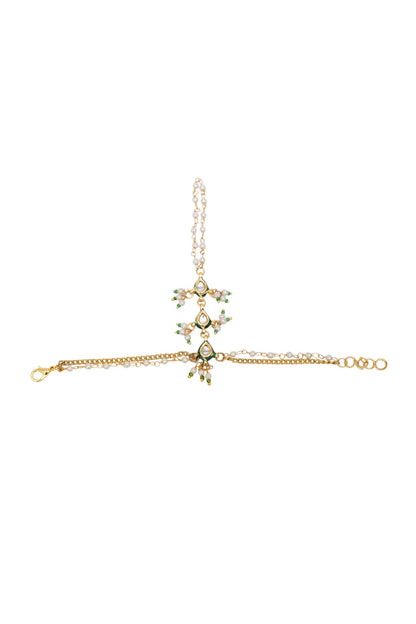 Gold Finish Kundan Polki & Pearl Hathphool