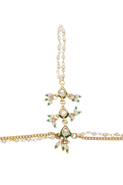 Gold Finish Kundan Polki & Pearl Hathphool