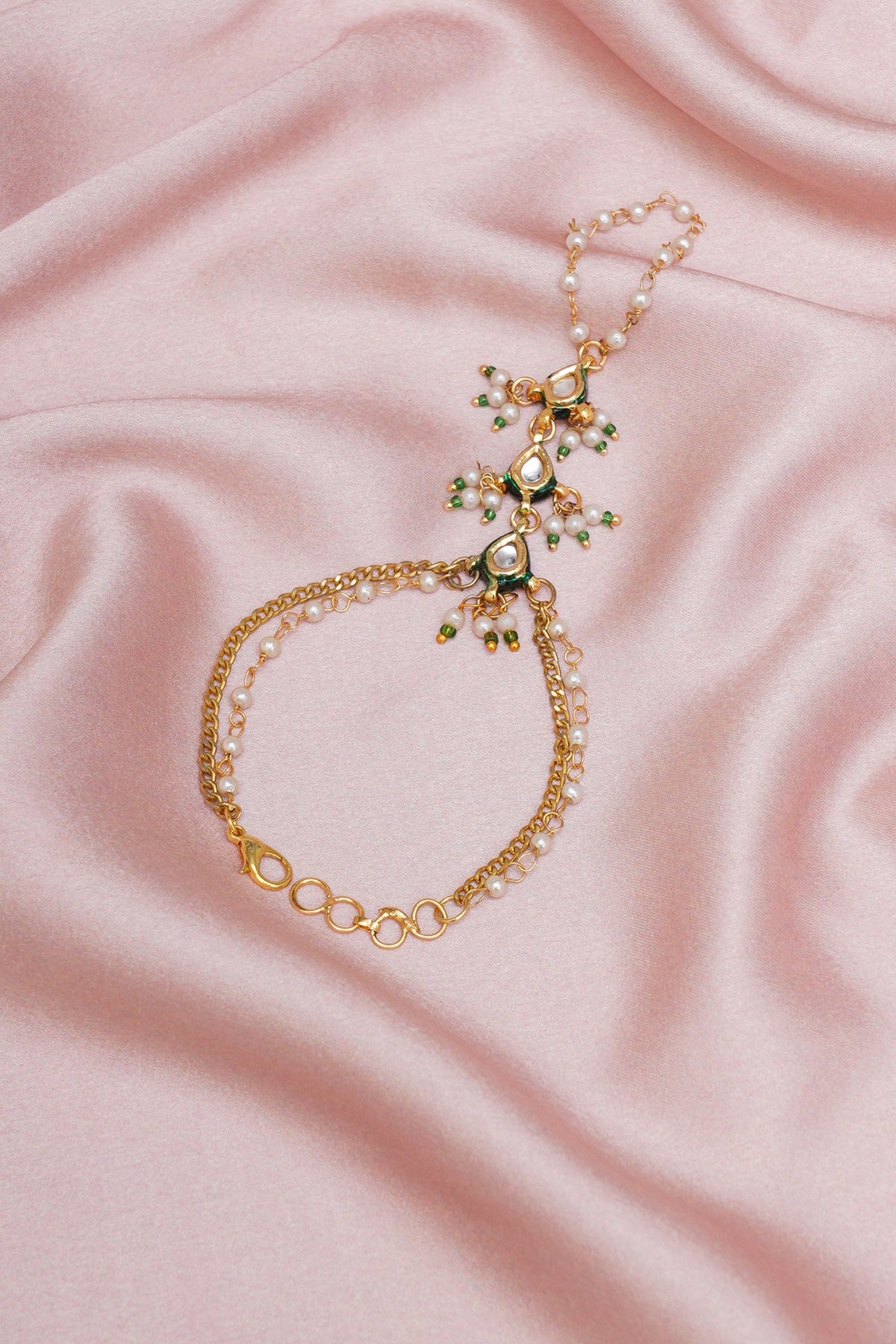 Gold Finish Kundan Polki & Pearl Hathphool