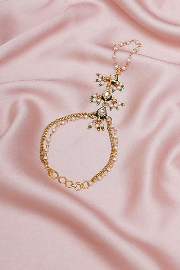 Gold Finish Kundan Polki & Pearl Hathphool