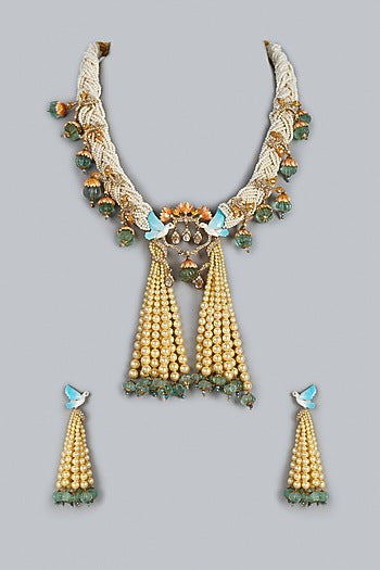 Gold Finish Kundan Polki Meenakari Necklace Set