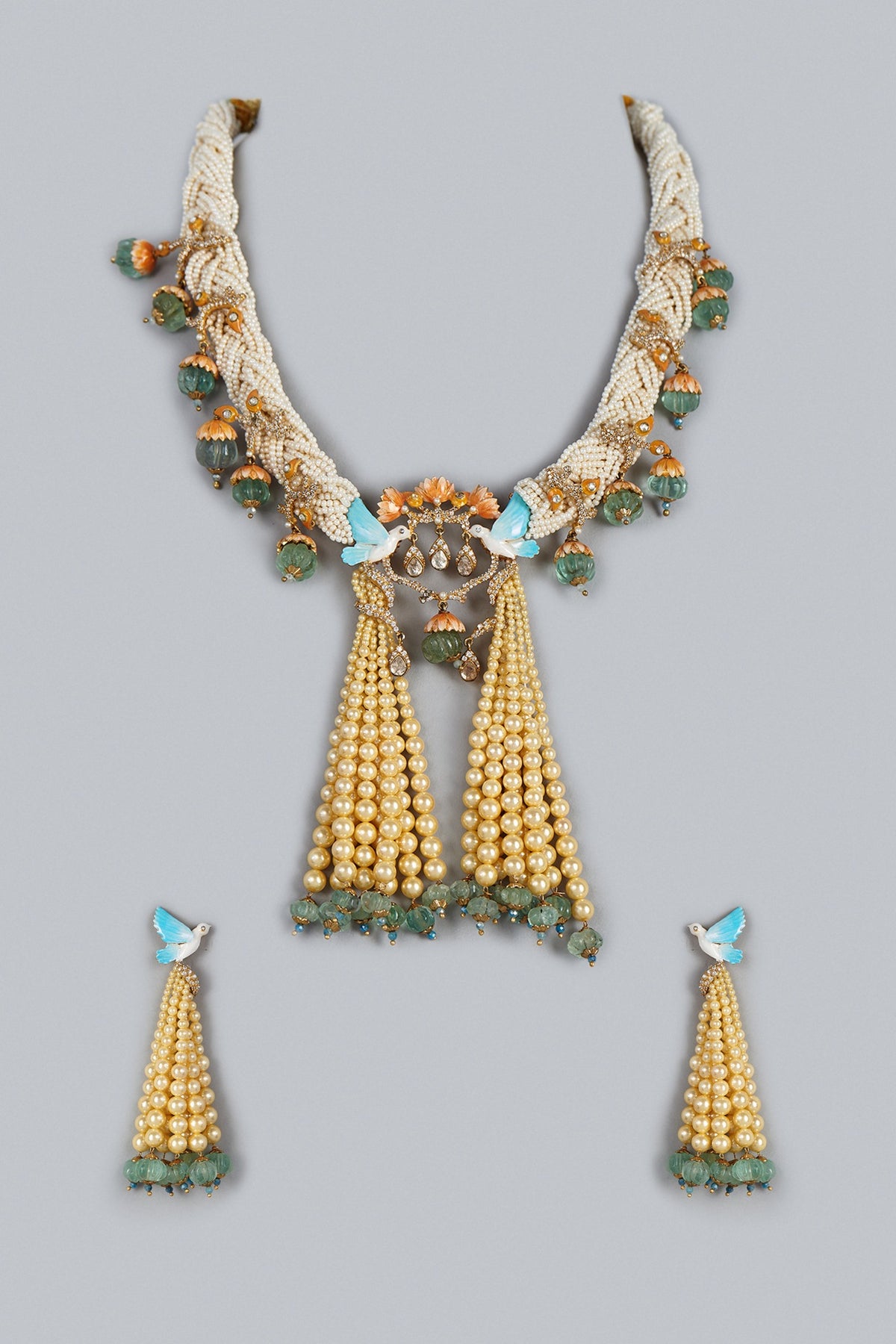 Gold Finish Kundan Polki Meenakari Necklace Set