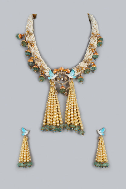 Gold Finish Kundan Polki Meenakari Necklace Set