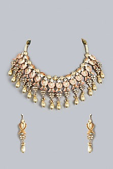 Gold Finish Peach Kundan Polki & Pearl Necklace Set