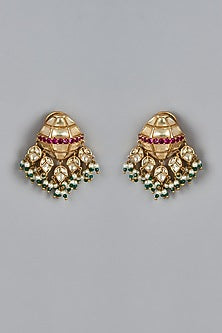 Gold Finish Kundan Polki & Ruby Synthetic Dangler Earrings