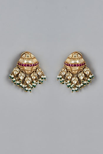 Gold Finish Kundan Polki & Ruby Synthetic Dangler Earrings