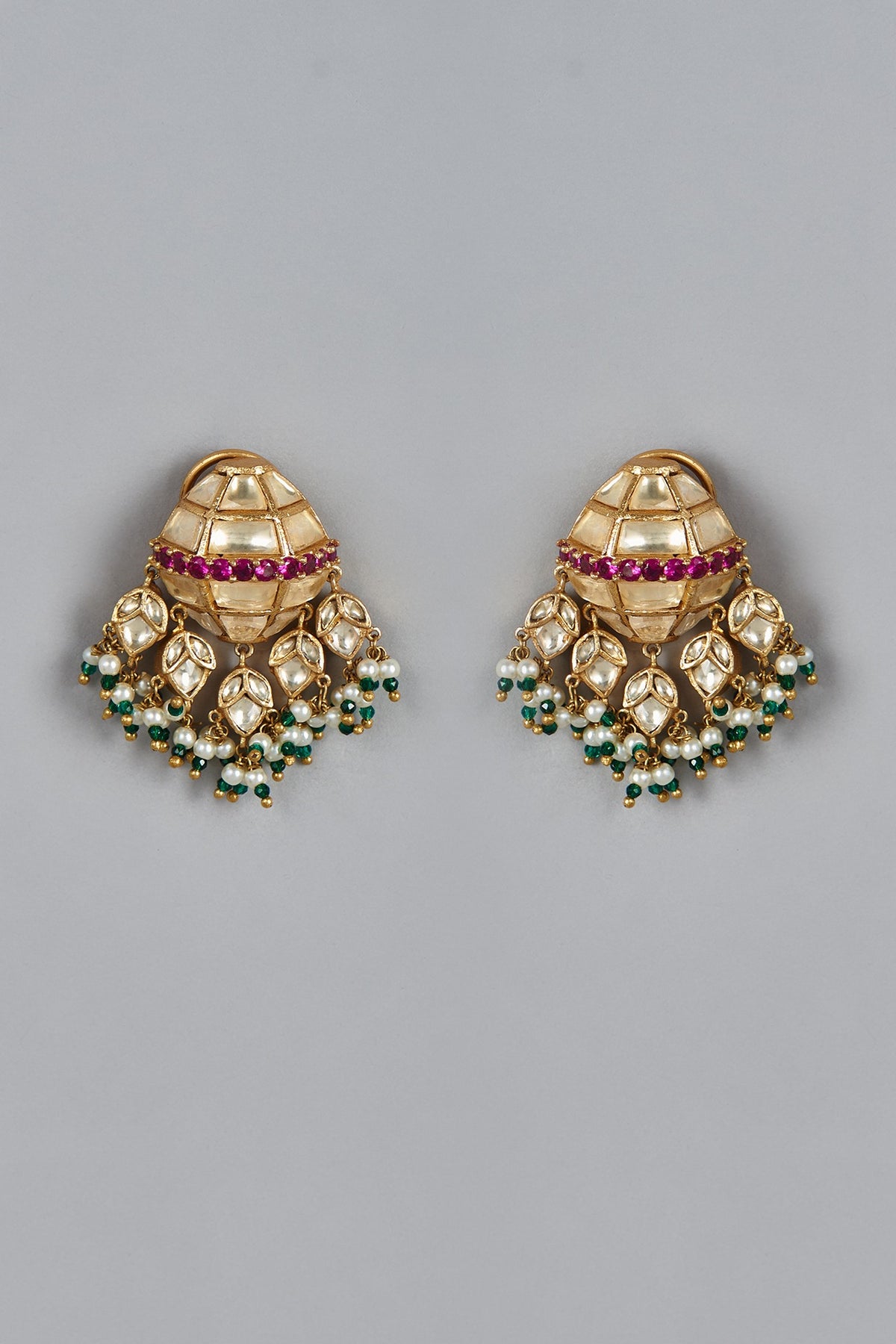 Gold Finish Kundan Polki & Ruby Synthetic Dangler Earrings