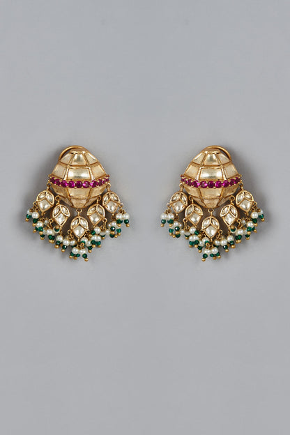 Gold Finish Kundan Polki & Ruby Synthetic Dangler Earrings