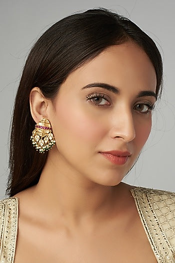 Gold Finish Kundan Polki & Ruby Synthetic Dangler Earrings