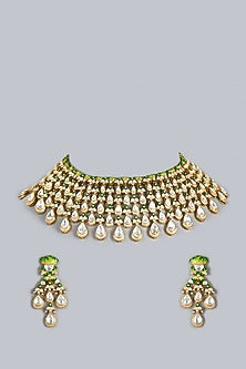 Gold Finish White Kundan Polki Meenakari Jaal Necklace Set
