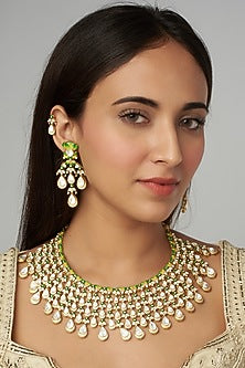 Gold Finish White Kundan Polki Meenakari Jaal Necklace Set