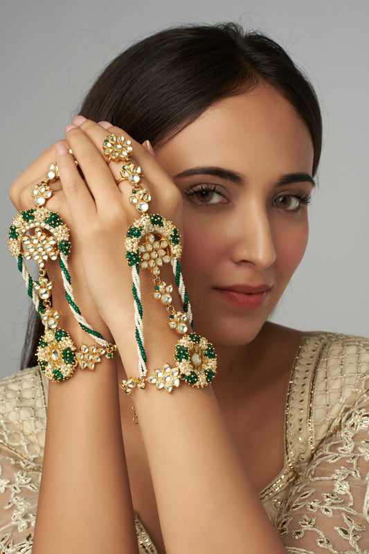 Gold Finish Pearl Piroi & Kundan Polki Hathphool (Set Of 2)