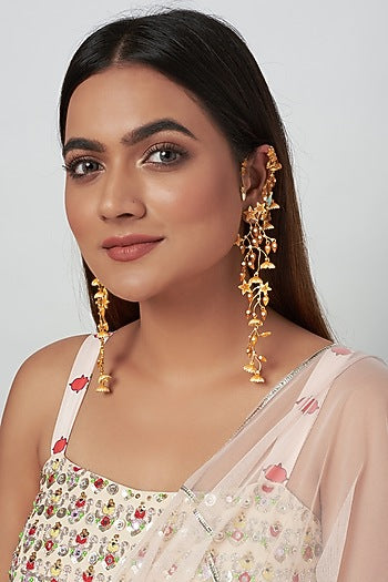 Gold Finish Meenakari Earrings With Ear Cuffs