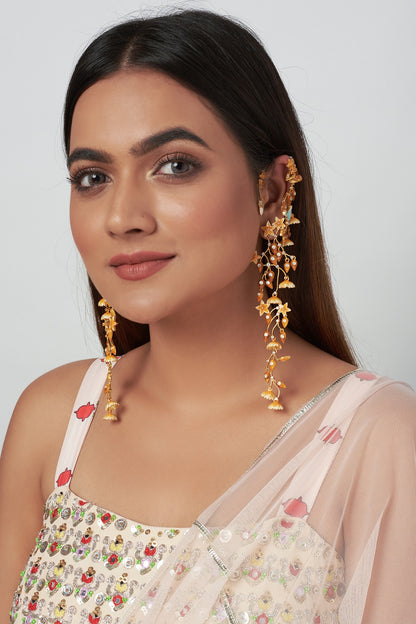 Gold Finish Meenakari Earrings With Ear Cuffs