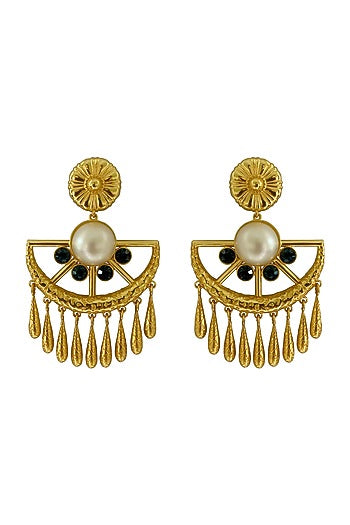 Gold Plated Swarovski Pearls Dangler Earrings In Brass