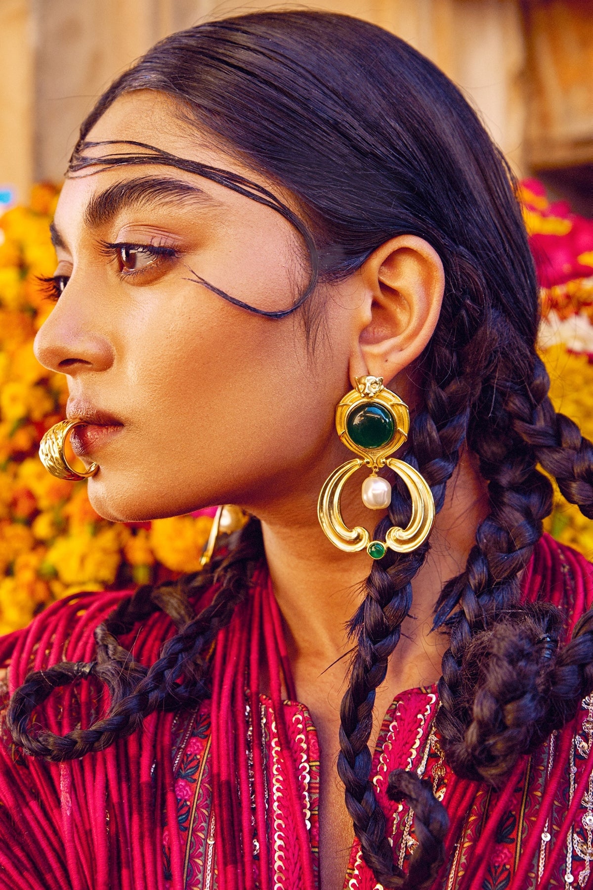 Gold Finish Semi-Precious Stone & Pearl Dangler Earrings