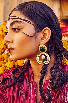 Gold Finish Semi-Precious Stone & Pearl Dangler Earrings