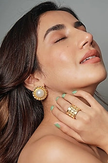 Gold Finish Pearl Stud Earrings