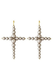 Gold Plated Grey Pearl Cross-Shaped Earrings