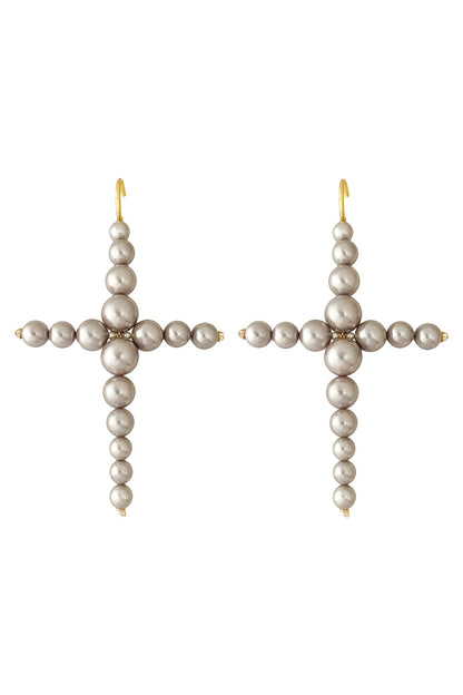Gold Plated Grey Pearl Cross-Shaped Earrings