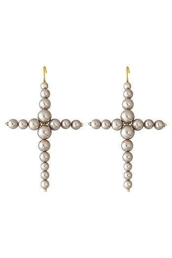 Gold Plated Grey Pearl Cross-Shaped Earrings