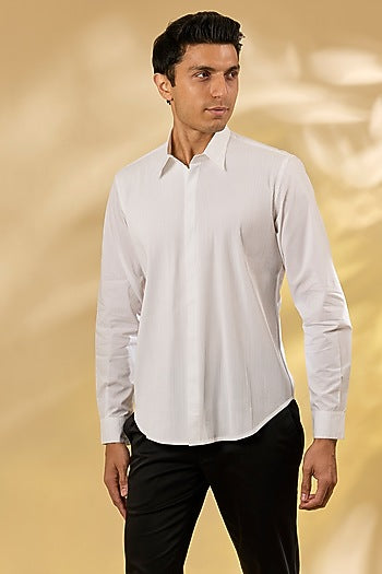 Off-White Cotton Herringbone Pintuck Shirt