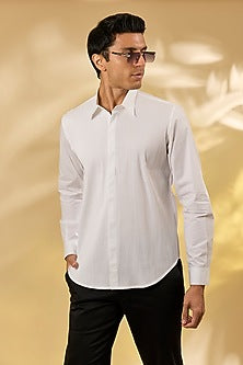 Off-White Cotton Herringbone Pintuck Shirt