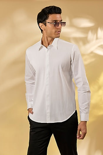 Off-White Cotton Herringbone Pintuck Shirt