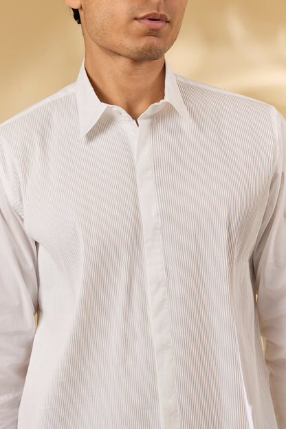 Off-White Cotton Herringbone Pintuck Shirt