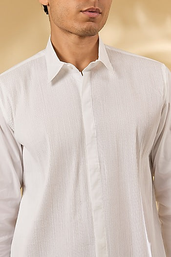 Off-White Cotton Herringbone Pintuck Shirt