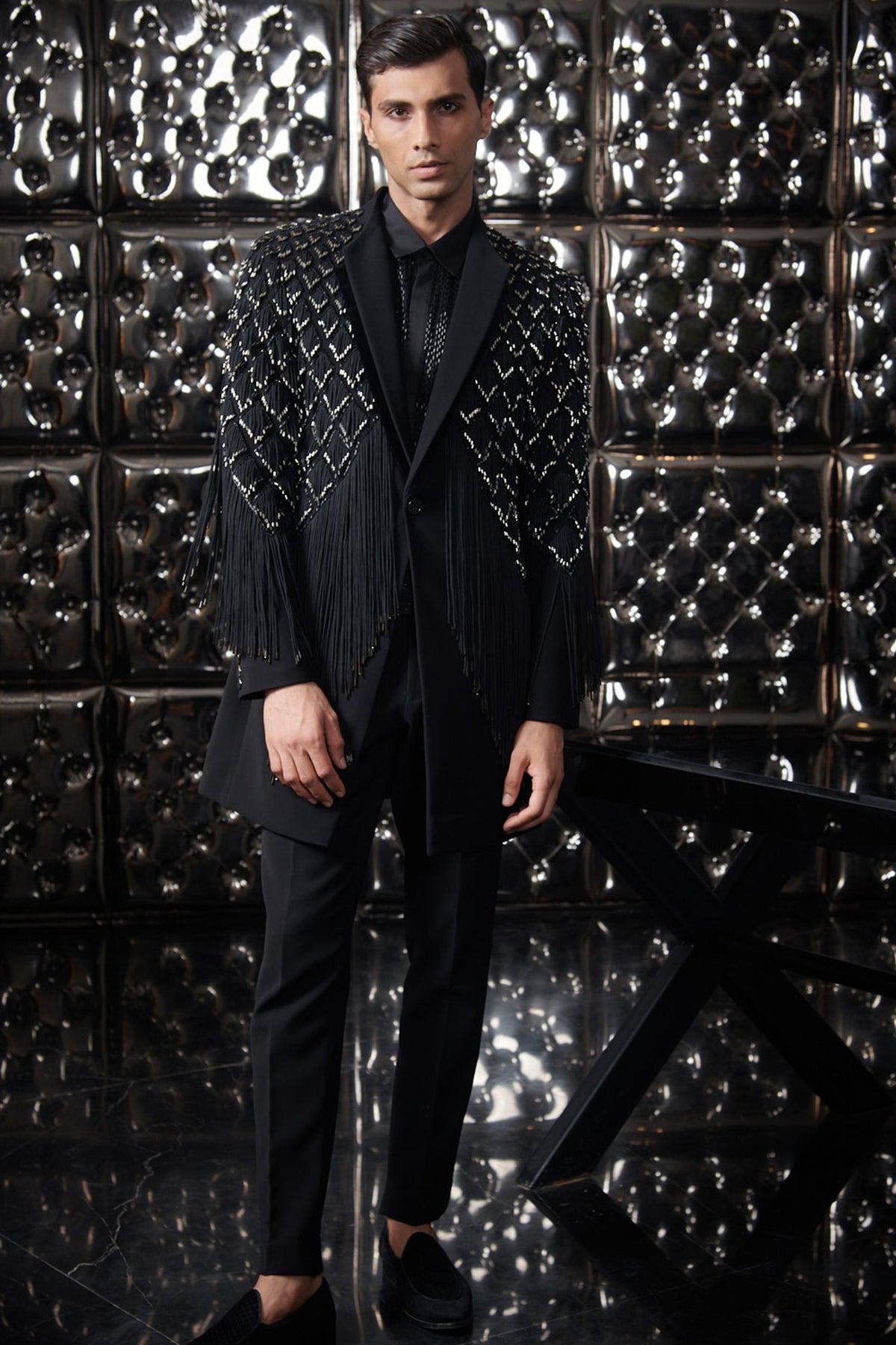 Black Polyester Silver Metallic Fringe Long Jacket Set