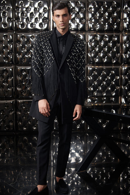Black Polyester Silver Metallic Fringe Long Jacket Set