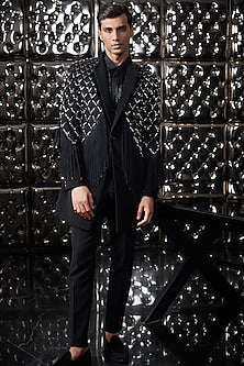 Black Polyester Silver Metallic Fringe Long Jacket Set