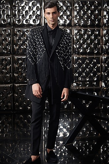 Black Polyester Silver Metallic Fringe Long Jacket Set