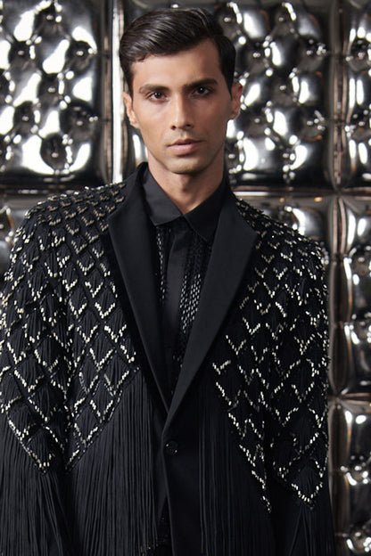 Black Polyester Silver Metallic Fringe Long Jacket Set