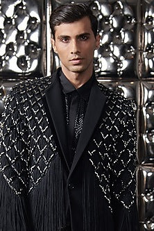 Black Polyester Silver Metallic Fringe Long Jacket Set
