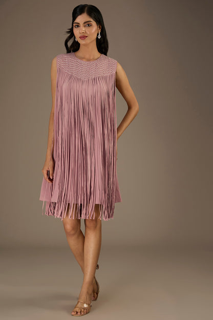 Light Pink Viscose Beads Embellished Fringed Mini Dress