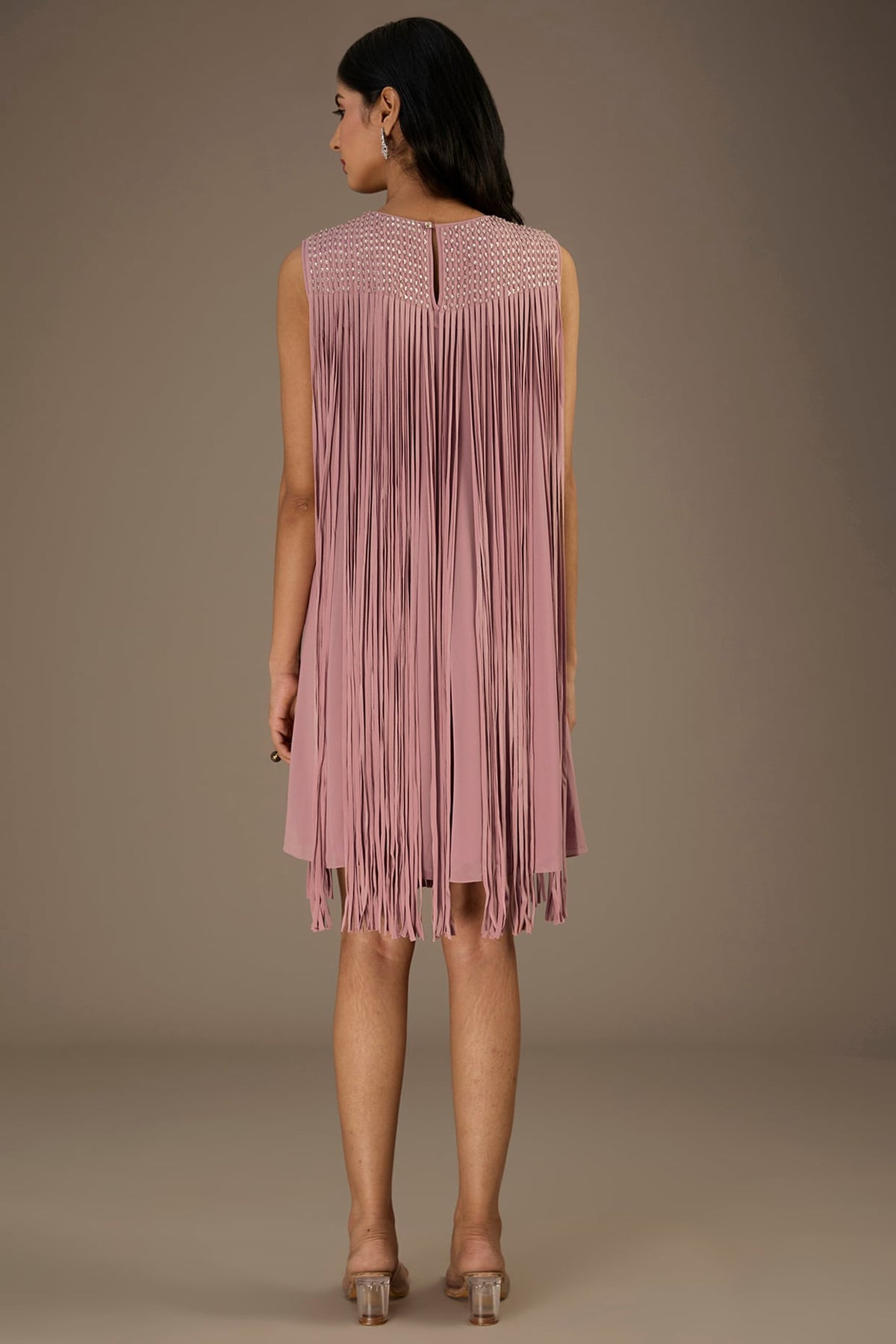 Light Pink Viscose Beads Embellished Fringed Mini Dress