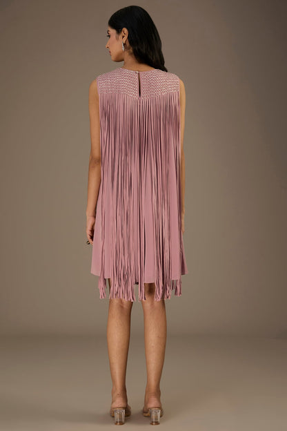 Light Pink Viscose Beads Embellished Fringed Mini Dress