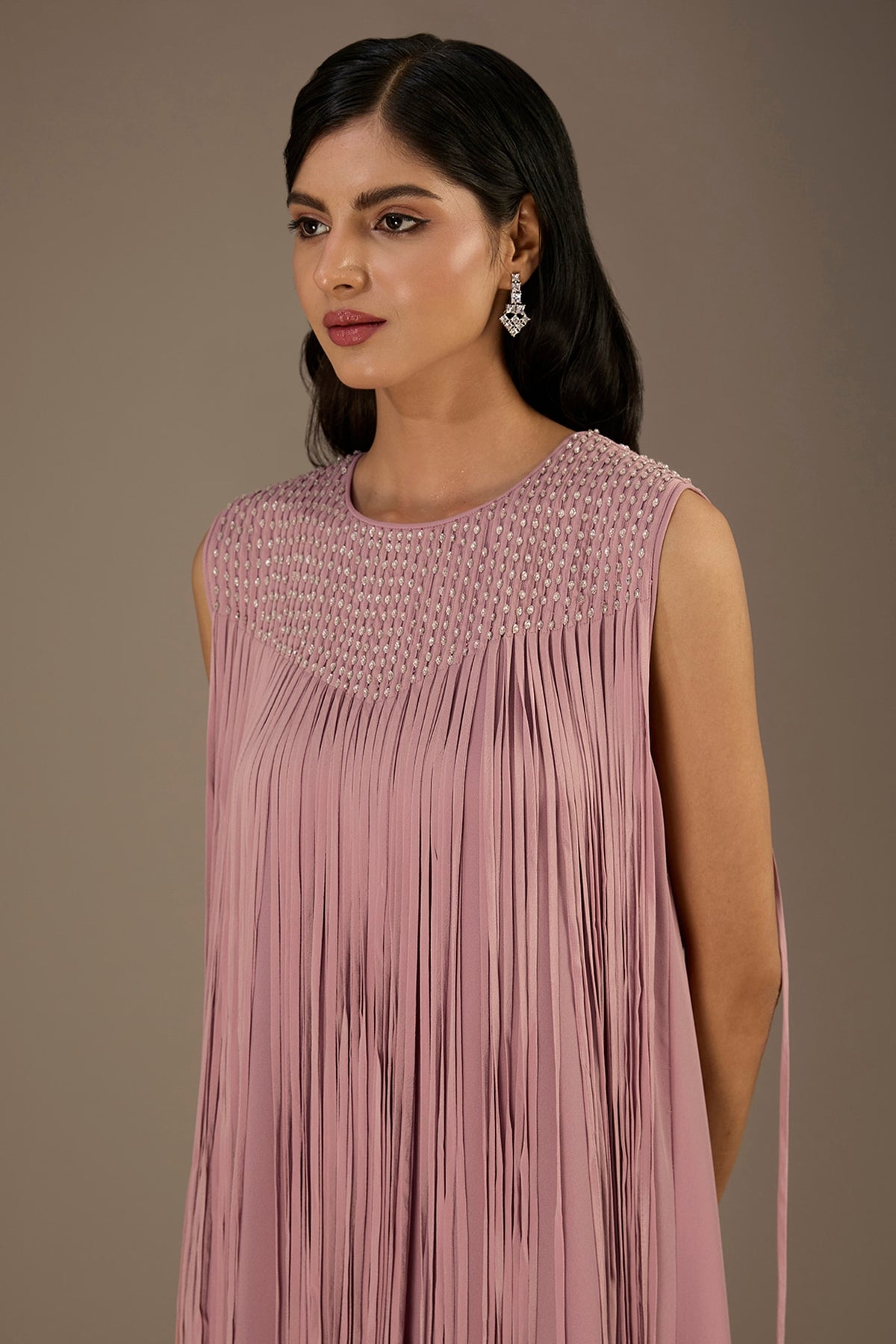 Light Pink Viscose Beads Embellished Fringed Mini Dress
