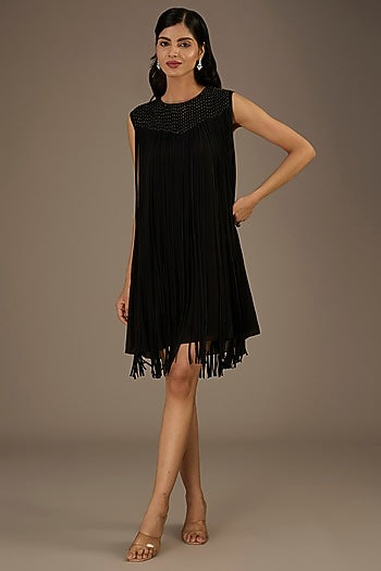 Black Viscose Beads Embellished Fringed Mini Dress