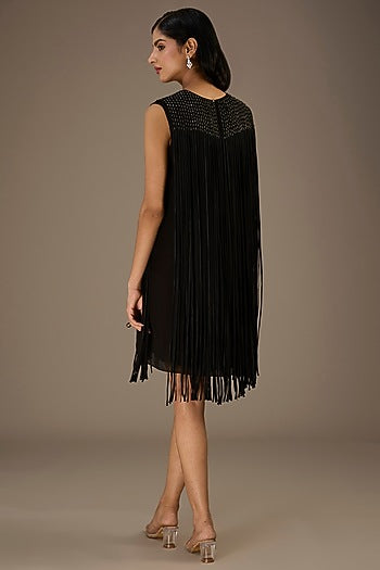Black Viscose Beads Embellished Fringed Mini Dress