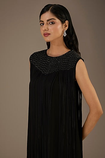 Black Viscose Beads Embellished Fringed Mini Dress