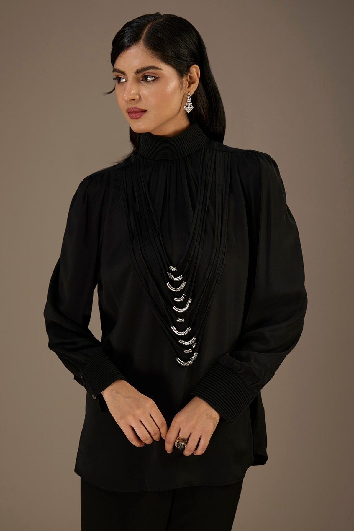 Black Georgette Metallic Ring Top