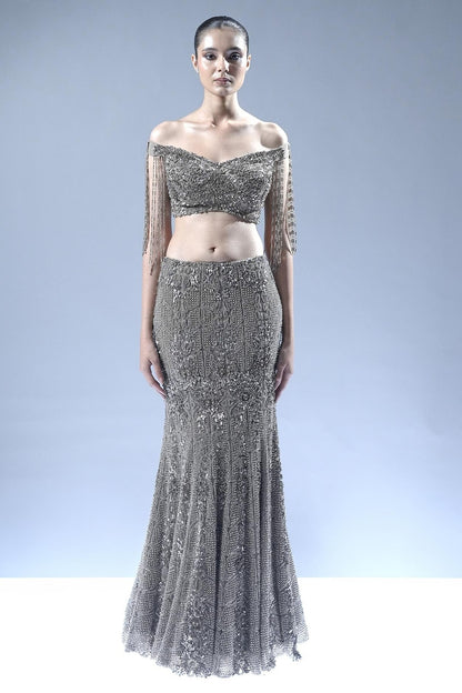 Golden Tulle Fringe Embellished Lehenga Set